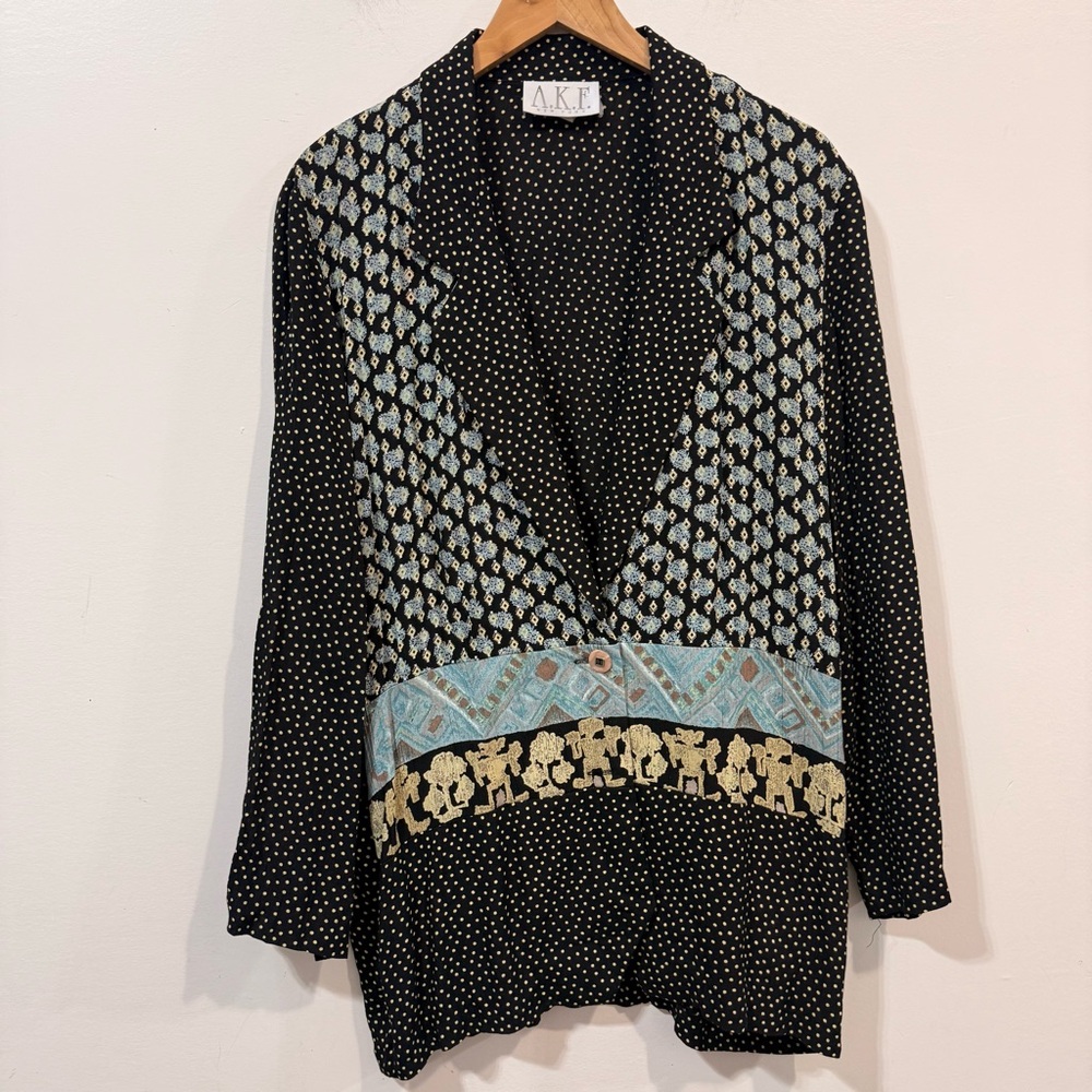 AKF New York Vintage Black Gold Polka Dot Mixed Pattern Blazer Jacket Size M